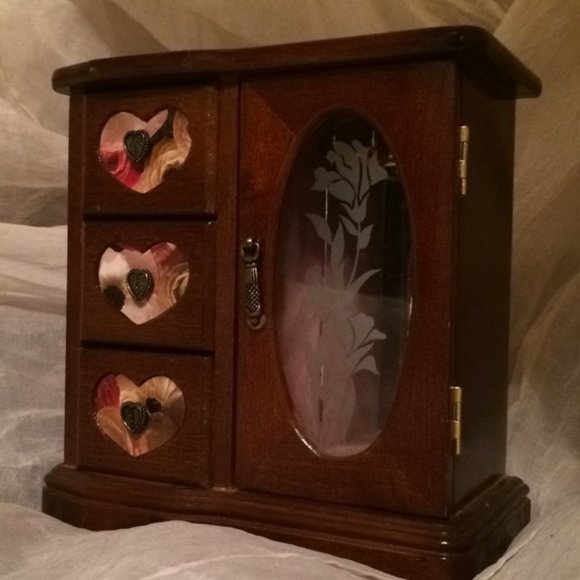Wooden Glass Jewelry Box Heart ❤️ Floral Design - Picture 2 of 9